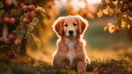 Cute little golden retriever under an apple tree, majestic portrait - Generative AI