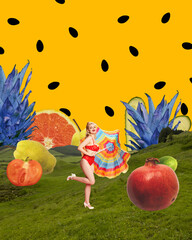 Contemporary art collage. Pretty blonde girl in retro swimsuit standing against abstract background with fruits and vegetables. Creative colorful design. Concept of food pop art, fashion, inspiration.