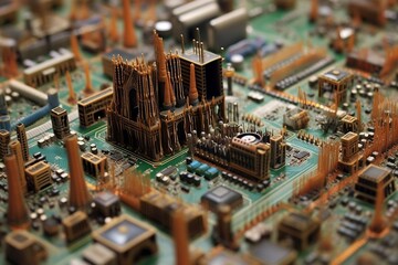 Miniature Circuit Board Resembling an Old City, Generative AI