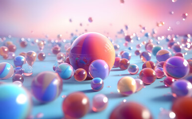 Energetic Summer Abstractions: Reflective Spheres with colorful Pink, Blue, and Yellow Hues. Air bubles against clear, blue sky. Fresh and Lively 3d render like
