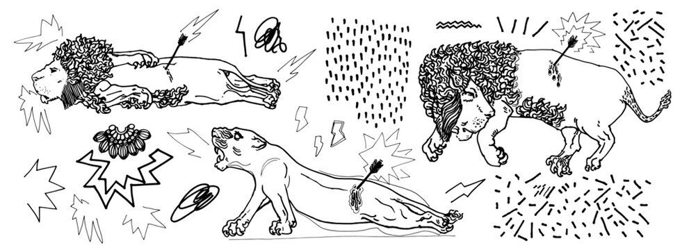 Recursos graficos con estilo contemporaneo de ilustraciones, leones y recursos graficos dibujados a mano. Ilustración de escultura de línea para estampados de camisetas, carteles, pegatinas