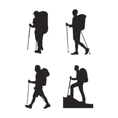 Hiking adventure silhouette set. Hiking silhouettes with various variations.
