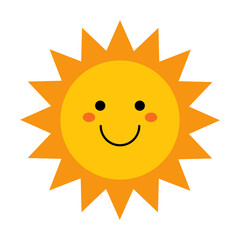 Vector cute sun with face. Funny smiling sun in flat design. Childish sunshine emoji. Baby sun with sharp triangle sunbeams. Kids clipart.