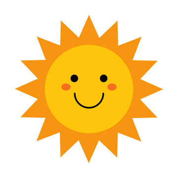 Vector cute sun with face. Funny smiling sun in flat design. Childish sunshine emoji. Baby sun with sharp triangle sunbeams. Kids clipart.