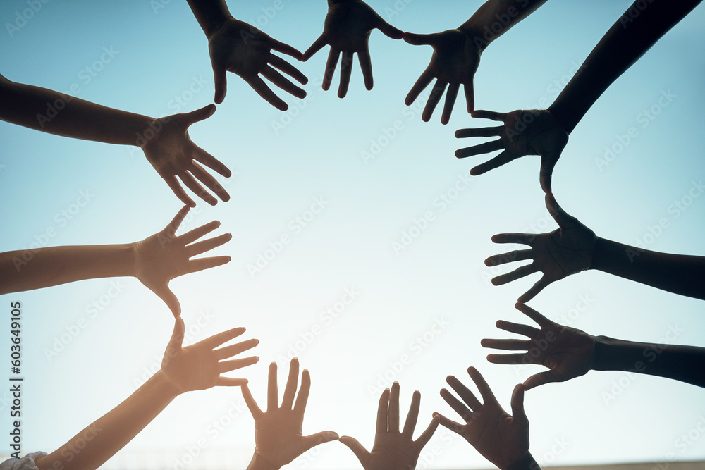 Aufkleber Group, circle and open hands for support and teamwork for trust in the community with sky background. Together, diversity and hand for motivation and solidarity for global collaboration and unity.