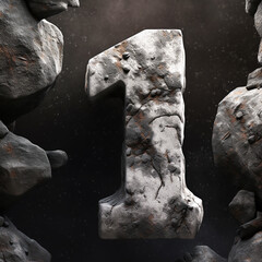 number 1, one, first place, lider position, chempion. Anniversary. Stone style font. Abstract rock texture with particles, sparkling, exploding with elements. top view. Generative ai