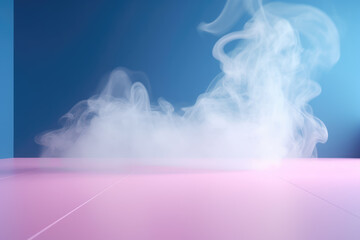 A beautiful light blue background with white smoke trailing across the floor with pink lighting. Abstract background for presentation. AI generated. 