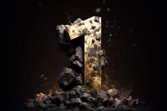 Gold number 1, one, first place, lider position, chempion. Anniversary. Stone style font. Abstract rock texture with particles, sparklling, exploding with  powder elements. Generative ai