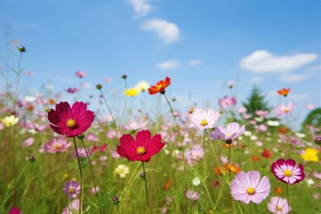 Obraz na płótnie Canvas Multicolored cosmos flowers in meadow in spring summer nature against blue sky. Selective soft focus
