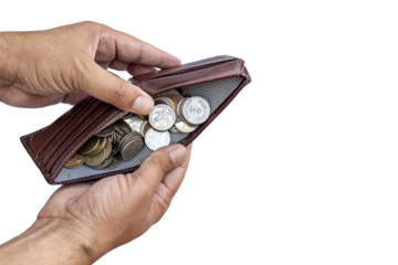 A man holding a purse full of coins