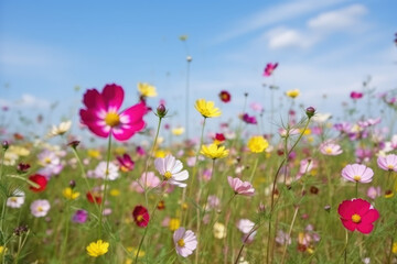 Multicolored cosmos flowers in meadow in spring summer nature against blue sky. Selective soft focus