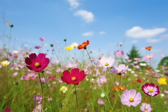 Multicolored cosmos flowers in meadow in spring summer nature against blue sky. Selective soft focus