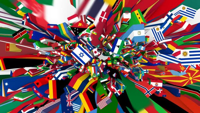 Flags of the World: Vibrant Animated Loop, A Colorful Array of National Flags in Motion Rotating Trail 2160p 4k