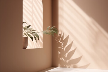 Minimalistic abstract gentle light beige background for product presentation with light andand intricate shadow from the window and vegetation on wall. 
