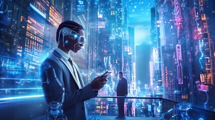 vibrant and futuristic technology image of a person interacting with an AI-powered virtual assistant using a smartphone, showcasing the seamless integration of AI into everyday life