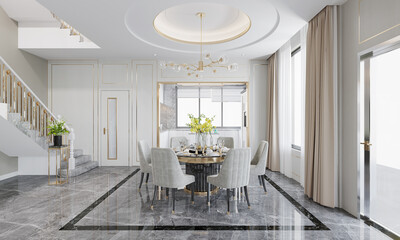 Modern Dining interior with dining table and chairs. 3D illustration