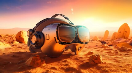 Fototapeta na wymiar vibrant and futuristic technology image of a virtual reality headset creating an immersive digital experience during golden hour, using a wide-angle lens to capture the expansive virtual world