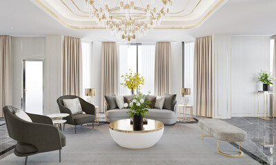 The modern luxury interior of the living room is bright and clean. 3D illustration