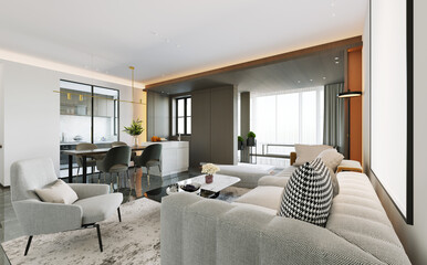 The modern luxury interior of the living room is bright and clean. 3D illustration