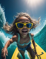 Cute Kawaii hyper realistic little girl surfing in the sea, wearing sunglasses, tropical background.