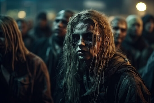 zombie woman in crowd of zombies in night city in apocalypse. Generative AI