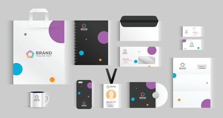 Abstract infinity brand. stylish business stationery items set in many colors. Dot visual identity.