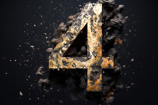 Stone style font.Golden number 4, four, forged from stone. Anniversary. Abstract rock texture with particles, sparkling, exploding with powder elements against black background. Generative ai