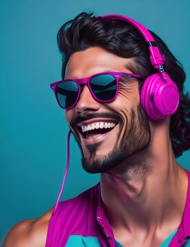 Portrait of a handsome fashionable young guy in neon light in pink magenta and cyan blue tones. Futuristic, cyberpunk or hipster in fluorescent glasses and headphones. Ai generative