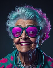Portrait of a beautiful fashionable senior woman in neon light in pink magenta and cyan blue tones. Futuristic, cyberpunk or hipster in fluorescent glasses. Elderly, grandma, older, old. Ai generative