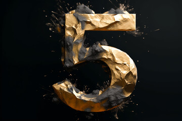 Stone style font.Golden number 5, five, fifth, forged from stone. Anniversary. Abstract rock texture with particles, sparkling, exploding with powder elements against black background. Generative ai