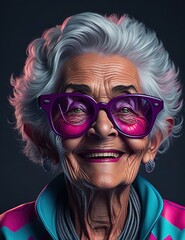 Portrait of a beautiful fashionable senior woman in neon light in pink magenta and cyan blue tones. Futuristic, cyberpunk or hipster in fluorescent glasses. Elderly, grandma, older, old. Ai generative