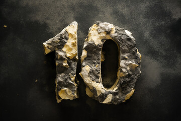 Stone style font.Golden number 10,ten, forged from stone. Anniversary. Abstract rock texture with particles, sparkling, exploding with powder elements against black background. Generative ai