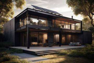 contemporary house with solar panels on the roof, generative AI