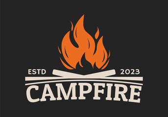 Campfire logo or icon. Camping design. Bonfire, camp fire badge or label. Vector illustration. Flame with firewood. Vector illustration.