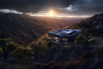 Obraz na płótnie Canvas contemporary house with solar panels on the roof, generative AI
