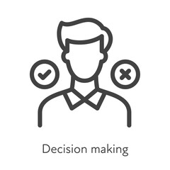 Outline style ui icons soft skill for business collection. Vector black linear illustration. Decision making. Man employee with checkmark and stop choice symbol isolated. Design for corporate training