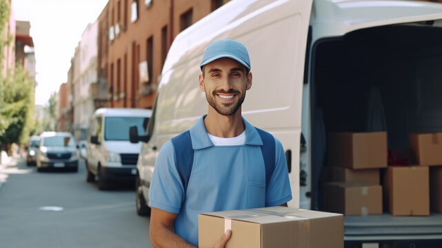 A courier in a blue uniform with a cap, with a cardboard box in his hands, stands next to his van. Delivery and courier service. Transportation. Generative AI