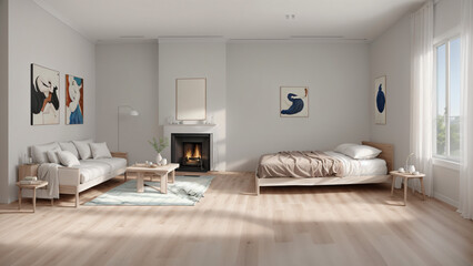 Fototapeta na wymiar modern minimalist living room. wood floor, gray bed, white atmostphere, minimalist interior