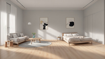 modern minimalist living room. wood floor, gray bed, white atmostphere, minimalist interior
