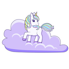 Cute Cartoon Unicorn standing on cloud. Illustration on transparent background