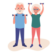 Old man and woman doing fitness exercises with dumbbells together. Elderly people active lifestyle. Illustration on transparent background