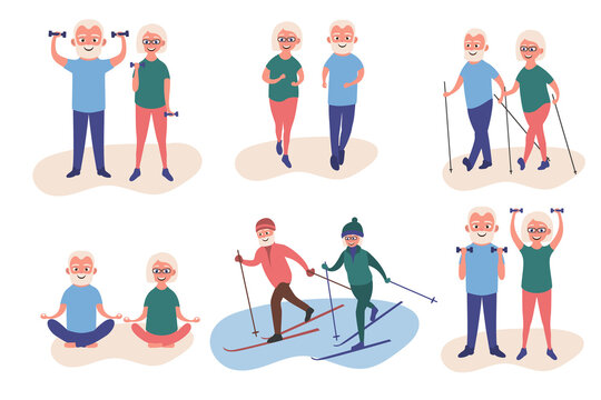 Happy elderly man and woman goes in for sports set. Skiing, dumbbell exercises, running, yoga, nordic walking. Elderly people active lifestyle. Illustration on transparent background