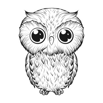 Cute owl in cartoon style. Hand-drawn Illustration on transparent background