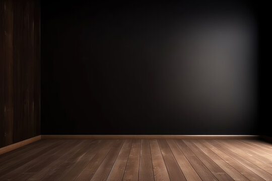 Empty light dark wall with beautiful chiaroscuro and wooden floor. Minimalist background for product presentation, mock up.