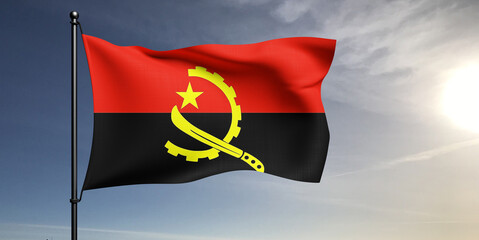 Angola national flag cloth fabric waving on beautiful grey sky Background.