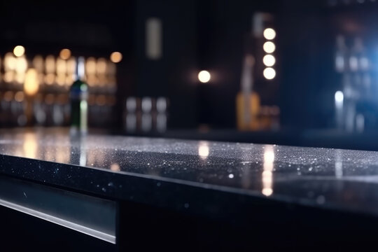 Selective focus.Dark counter bar or tabletop with blur light bokeh in dark nightclub,cafe or restaurant background.
