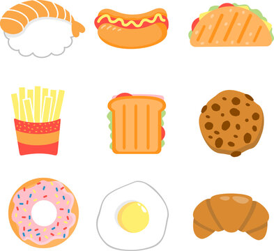 Cute vector set. Collection food on white background. Sushi quesadilla go dog French fries sandwich cookie donut egg croissant. 