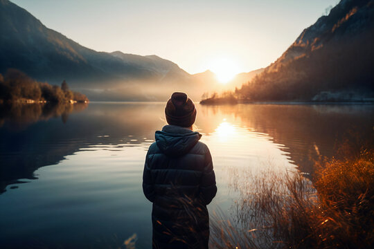 Mensch mit Mütze von hinten schaut auf wunderschönen See mit Bergen bei Sonnenuntergang