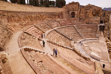 A beautiful high angle shot of the Roman Theatre. Well preserved and partially restored. Spain,...