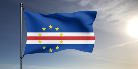 Cabo Verde national flag cloth fabric waving on beautiful grey sky Background.